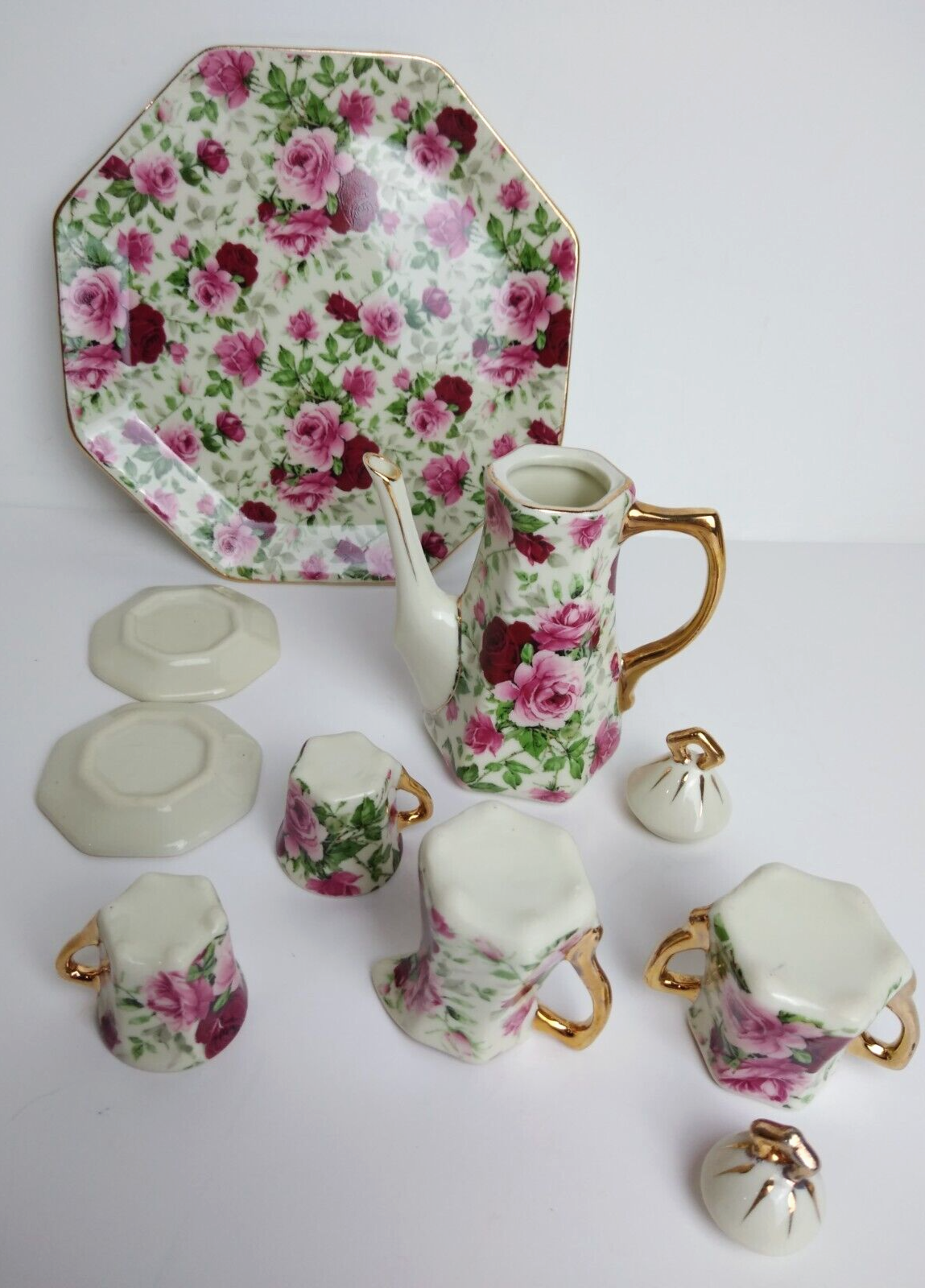 Mini Tea Set 10pc Red & Pink Roses Gold Handles & Trim Unbranded ...