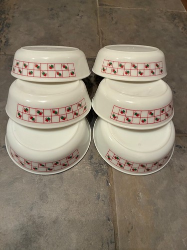 Vintage Pyrex weiße Schalen x 6 rot & grün geometrisches Muster Made in England