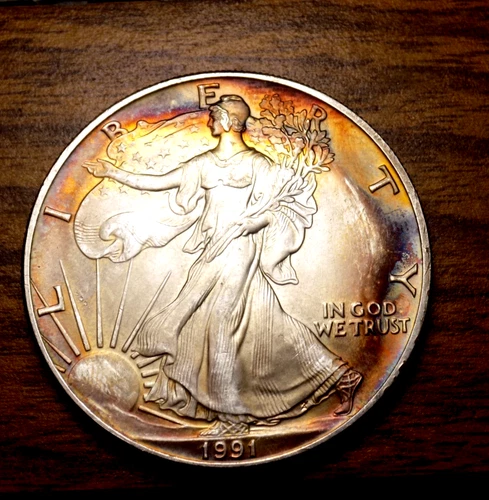 AMERICAN SILVER EAGLE 1991 RAINBOW WOW COIN 1 TROY OZ ORIGINAL ALBUM TONER