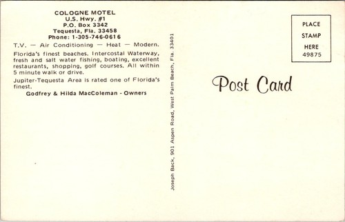 COLOGNE MOTEL Tequesta, Florida FL roadside Postcard - Picture 2 of 2