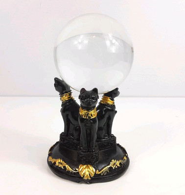 Moon Glass Crystal Ball & Black Egyptian Bastet Cat Resin Stand