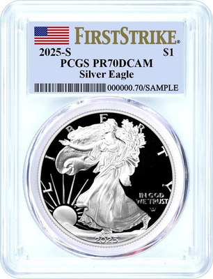 #ad #ad 2025 S $1 1 oz Proof Silver Eagle PCGS PR70 DCAM First Strike Flag Label $149.00