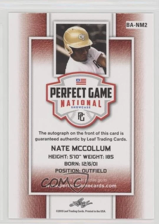 2019 Leaf Perfect Game National Showcase Yellow /25 Nate McCollum #BA-NM2 Auto - Image 2 of 2