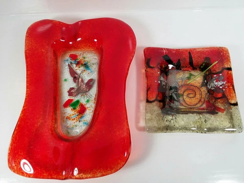 FUSED GLASS LOT OF 2 Modern Trinket Dish/Ashtray ~ Hummingbird ~ Swirl