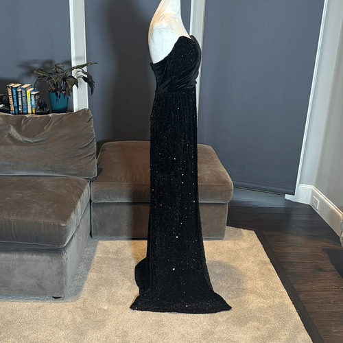 Women’s Black Velvet & Sequins Mermaid Fit Party Formal Dress Leg Slit Size M - Picture 3 of 9