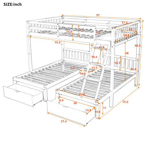 Wood Triple Bunk Bed w/ Drawers Full Over Twin & Twin Bunk Bed Bedroom Furniture - Picture 4 of 31