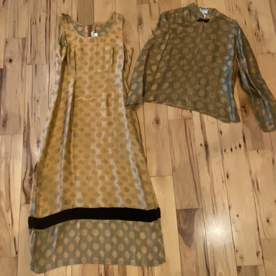 Blazer de seda vintage Shira Leah e vestido maxi Vietnã Ásia tamanho grande laranja verde