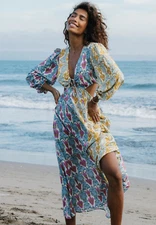 Tigerlily Alita Greta Dress Size AU12 US8 Patchwork Silk Blend Long Sleeve