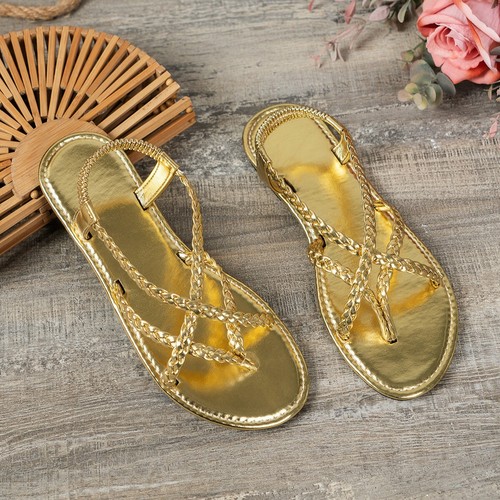 Womens Flat Strappy Braided Sandals Laides Casual Comfort Rope Bohemian Sandals - Picture 7 of 29