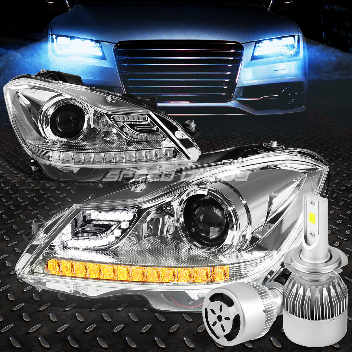 ХРОМИРОВАННАЯ ФАРА ПРОЕКТОРА HALO + БЕЛЫЙ СВЕТОДИОД H7 HID с ВЕНТИЛЯТОРОМ ДЛЯ 12-14 C-CLASS W204