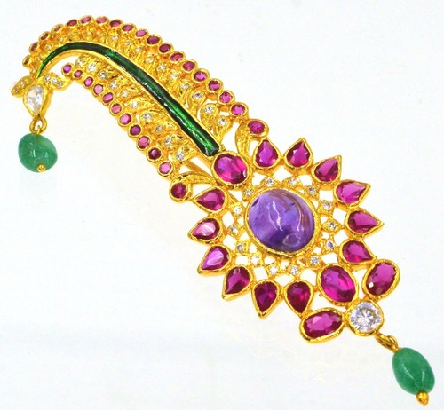 22K Gold Plated Sterling Silver 925 Crystal Gems Sarpech Turban Jewel Mughal Pin