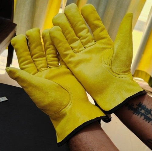 Leather Yellow Lorry HGV Driving Gloves Gardening Fleece Lined Work Gloves - Picture 3 of 9