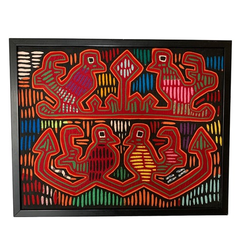 Vintage Panama Kuna Mola Folk Art San Blas Island Reverse Appliqué Framed Birds - Picture 1 of 12