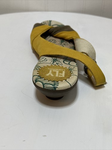 FLY London Yellow and Sludge Suede Par Sandal Size 7.5 Slingback Kitten Heel - Picture 17 of 23