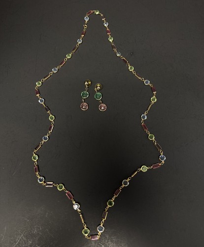 Gold Tone Multi-Colored Channel Set Faceted Crystals 38” Necklace & Earrings Set - Picture 1 of 7