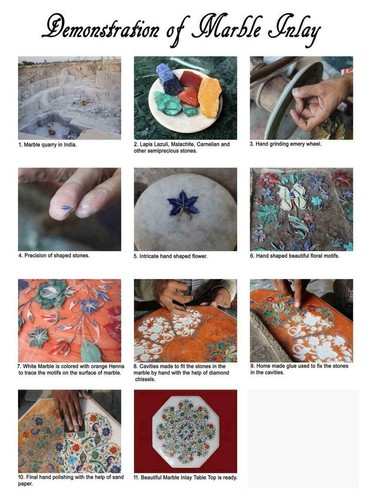 Runder Schachtisch aus schwarzem Marmor Natur Multi Halbedelstein Intarsien Stein Wohndeko - Bild 7 von 8