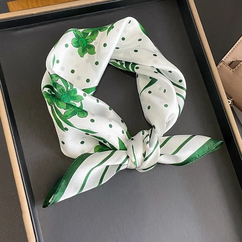 100% Silk 20" Small Square Scarf Women Neckerchief Wrap Green Polka Dot Flowers - Picture 2 of 5