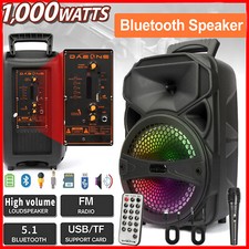 1000W Portable FM Bluetooth Speaker 8'' Subwoofer Bass Sound System Party W/ Mic