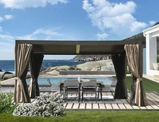 Domi Outdoor Louvered Pergola 10'x13',Adjustable Aluminum Roof w/Curtains Brown