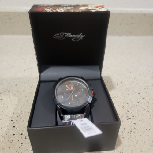 OROLOGIO UOMO ED HARDY NERO/VERDE MIMETICO QUADRANTE/NERO TATUAGGIO CINTURINO SILICONE - NUOVO CON SCATOLA - Foto 2 di 4