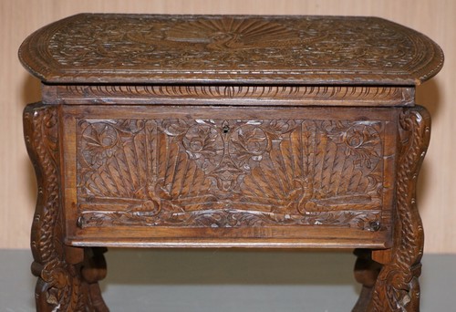 CIRCA 1880 BURMESE HAND CARVED PEACOCK SEWING TABLE CUPBOARD CHEST OPEN TOP - Picture 8 of 12