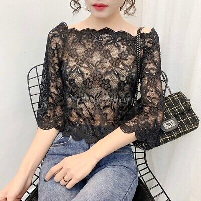 Women Lace 3/4 Sleeve Off Shoulder Top Floral Lace Short Women Lace 3/4 Sleeve Off Shoulder Top Floral Lace Short