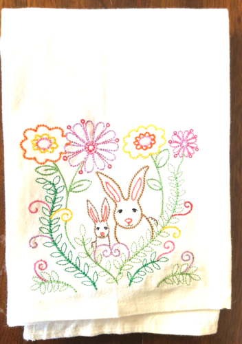 HASEN LIEBE FRÜHLINGSMUSTER MASCHINENBESTICKTER MEHLSACK SCHALE HANDTUCH - Bild 2 von 2