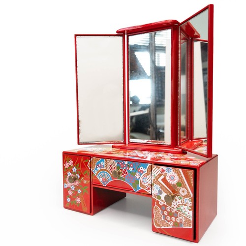 Tocador de maquillaje espejo plegable floral lacado rojo japonés miniatura años 60 de colección: A - Imagen 2 de 9