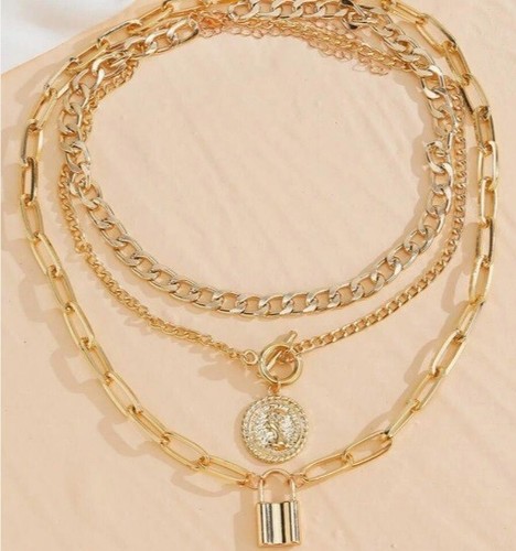 Zara 18k gold plated chunky big necklace 4 layers toggle, coin lock detail - Picture 5 of 5