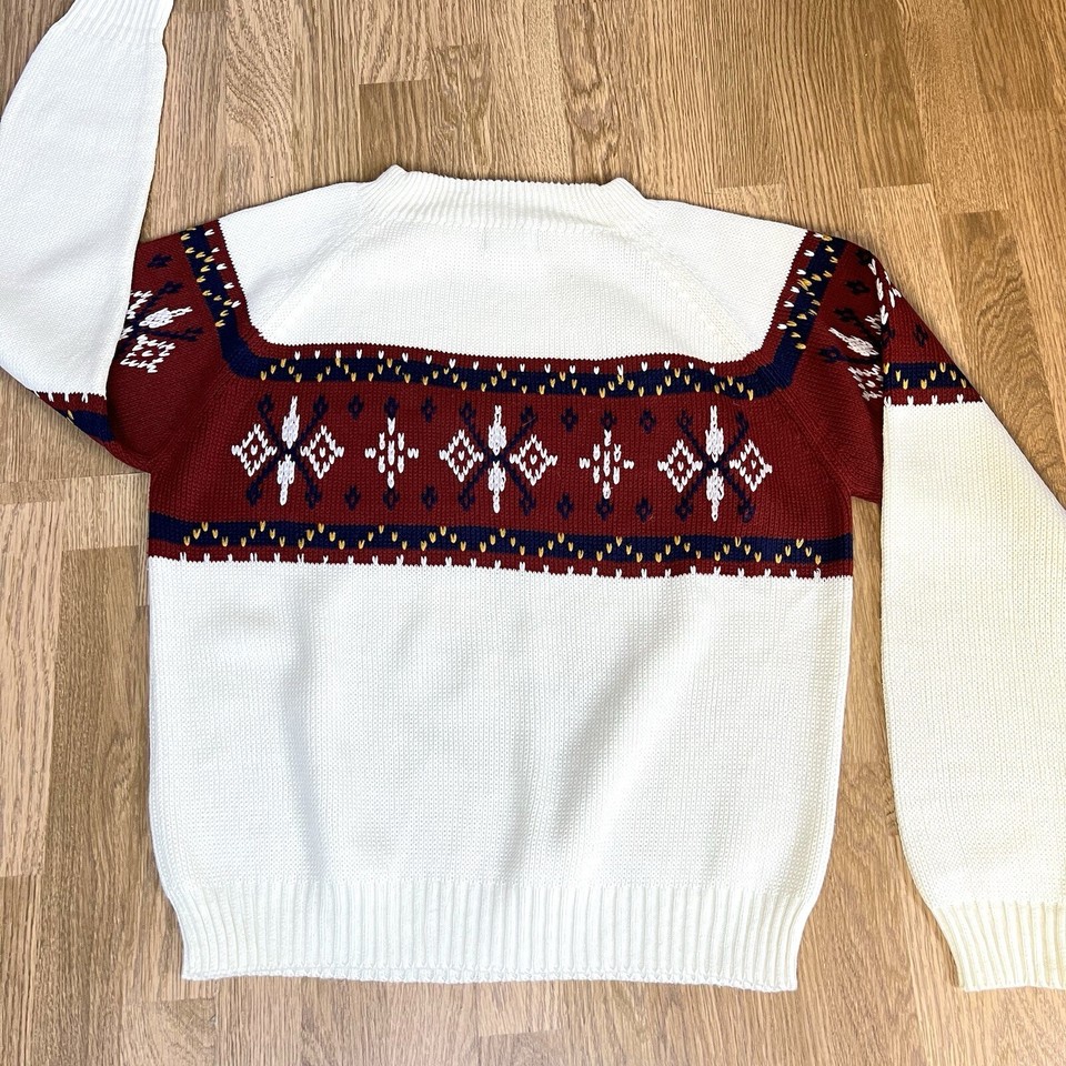 Vintage JC Penney Jumper Sweater 80s Nordic Fair Isle Cream Red P2P 23