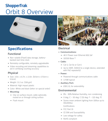 Sistema de cámara de conteo de personas ShopperTrak Orbit 8 DDORB1801 H1001-8-21 - Imagen 3 de 3