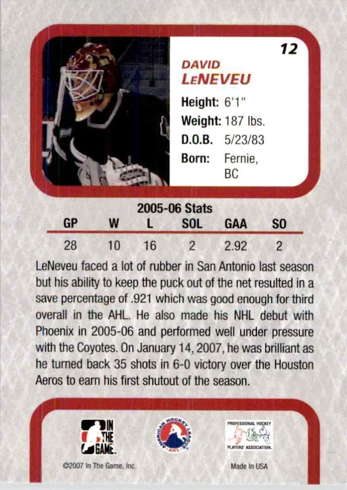2006-07 In The Game Between The Pipes David LeNeveu #12 - Image 2 of 2