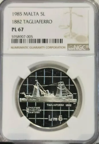 1984 MALTA SILVER 5 LIRI MARITIME HISTORY 1882 TAGLIAFERRO NGC PL 67 RARE BEAUTY