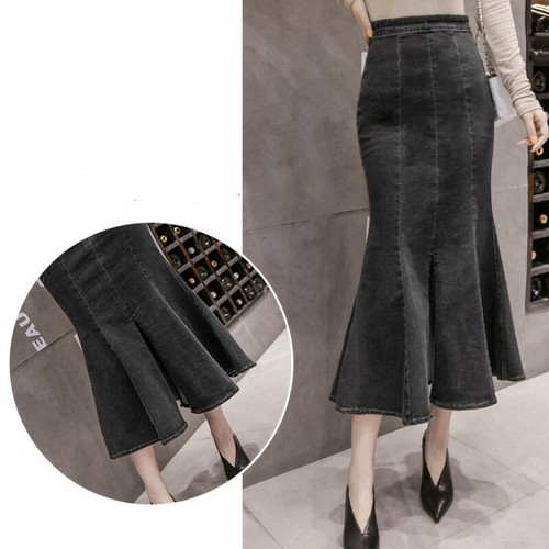 Lady Denim Skirt Fishtail Slit High Waist Slim Bodycon Flare Midi Elegant Slim - Picture 9 of 13