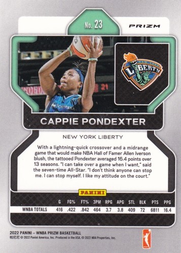 2022 PANINI WNBA PRIZM SP GREEN CRACKED ICE PRIZM #23 CAPPIE PONDEXTER-LIBERTY - Picture 2 of 2