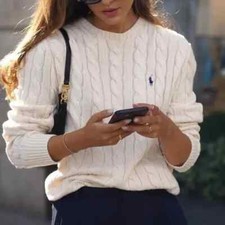 New Ralph Lauren Golf Cable Knit Sweater Women Large Hot Pink w/Yellow Polo Pony