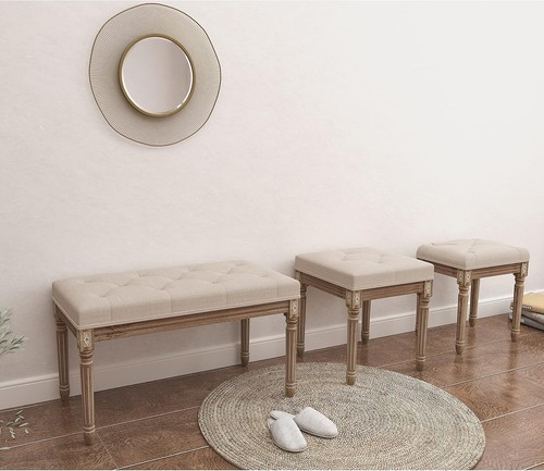 Elegant Upholstered Vanity Stool with Tufted Fabric and French Legs - Beige - Picture 7 of 11