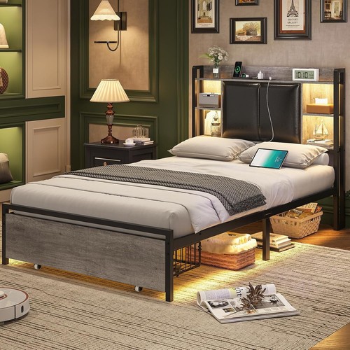 Twin Bed Frame with Storage Headboard and Drawer on Wheels, LED Metal Bed Frame - Picture 9 of 9