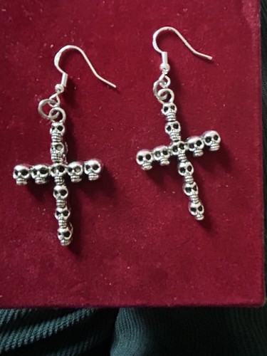 Earrings Cross Made With Skulls 925 Sterling Silver Hooks Free Gift Bag - Picture 7 of 8