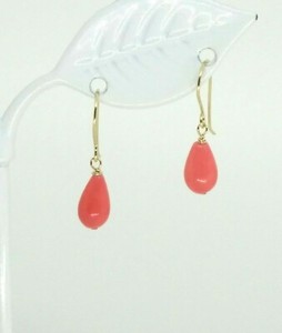 14k Yellow Gold Pink Coral Teardrop Drop Dangle Earrings