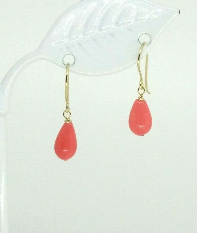 14k Yellow Gold Pink Coral Teardrop Drop Dangle Earrings
