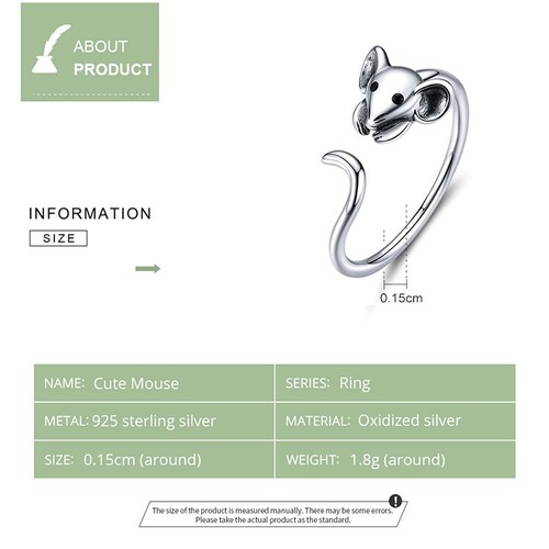 Voroco Fashion Cute Mouse Open Finger Ring S925 Sterling Silver CZ Women Jewelry - Picture 8 of 12