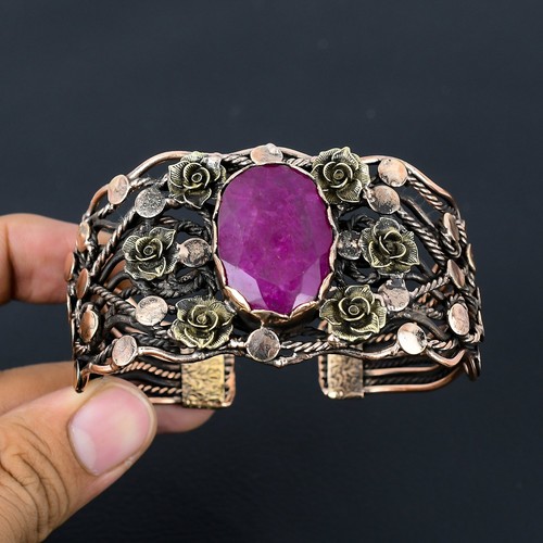Lab-Created Ruby Gemstone Copper Wire Wrap Handmade Adjustable Jewelry Bangle - Picture 2 of 5