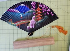 Vintage Mt. Fuji Pagota Flower Blossoms Handpainted Folding Fan W/Box