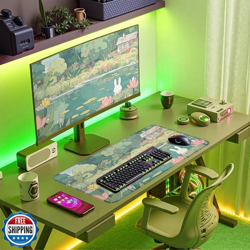 Nasdalgias Cute Kawaii Bunny Anime Green Plant Desk Mat Large Mouse Pad Gamin - 第 5/5 張圖片