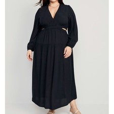 Old Navy Waist Defined Crepe Side Cutout Black Maxi Dress Women XXL Tall Boho