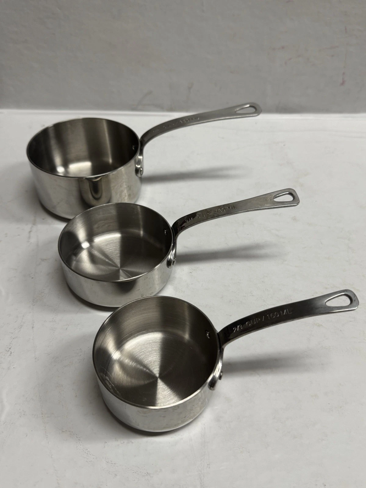 Williams Sonoma Odd Size Measuring Cups Stainless Steel 2/3, 3/4 & 1 1/2 Cup