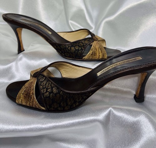 Manolo Blahnik Multicolor Gold Black Leather Mule Slides Sz38 US 7.5 COA