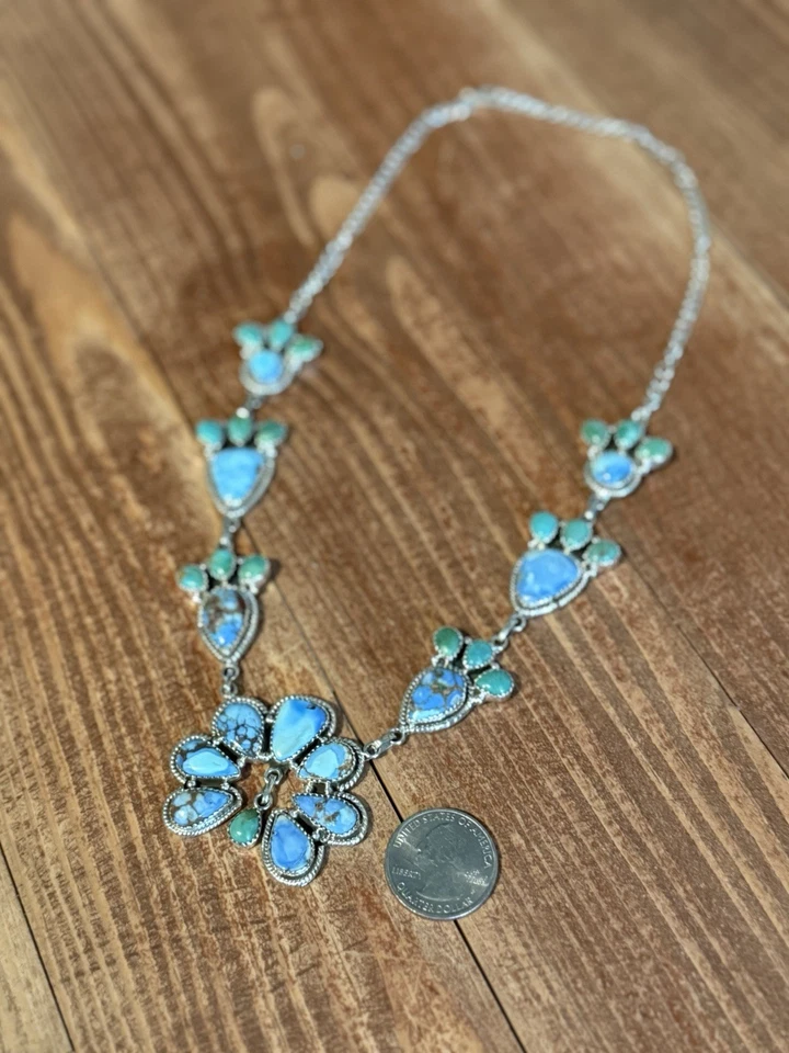Gorgeous Natural Golden Hills & Kingman Turquoise Sterling Naja Cluster Necklace - Image 3 of 4