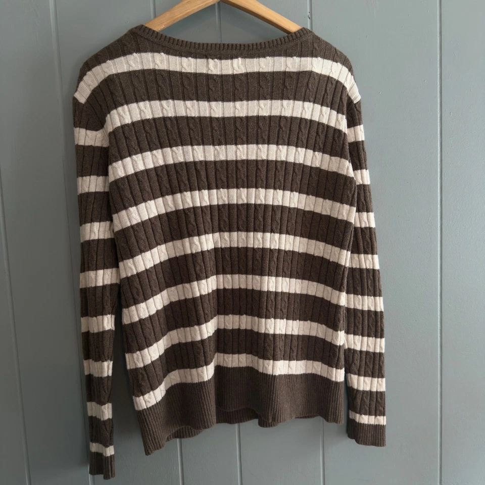 Y2K Laura Scott Marrón Rayas Cable Tejido Suéter M Mezcla Algodón Preppy Clásico Foto 4 de 4